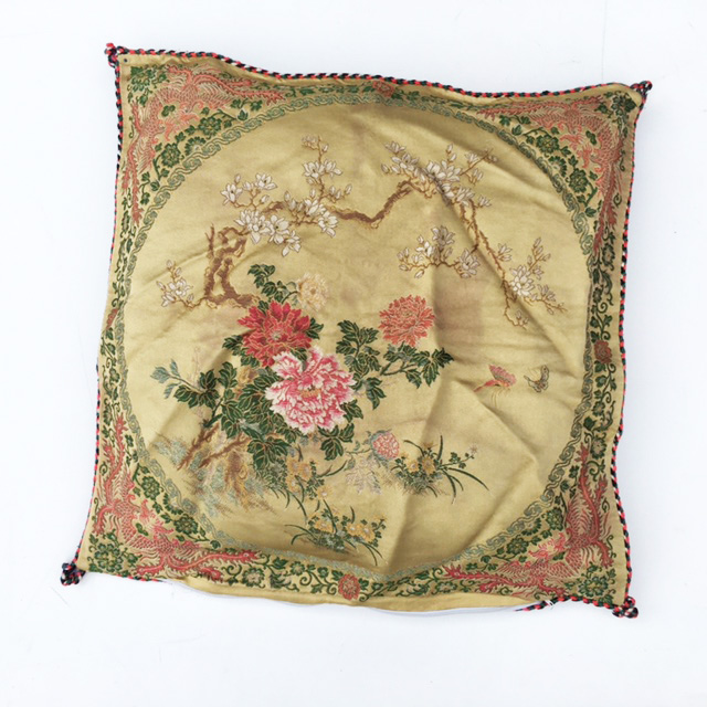 CUSHION, Victorian Floral - Pink & Green Silk w Blossom Tree